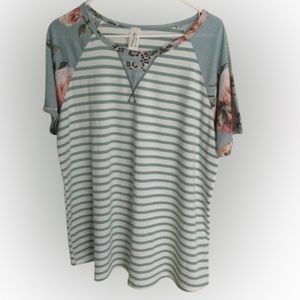 NWOT Striped Top with Floral Sleeves